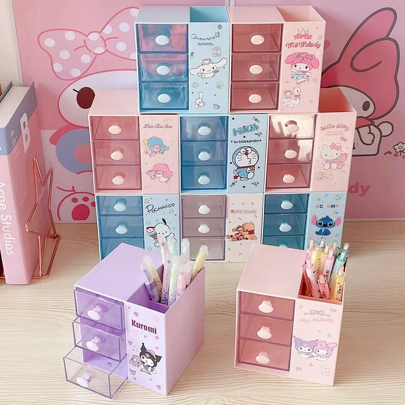 

Sanrios Cinnamoroll My Melody Kuromi Purin Kitty прозрачный Настольный ящик для канцелярских принадлежностей держатель для ручек аниме кавайная коробка для хра...