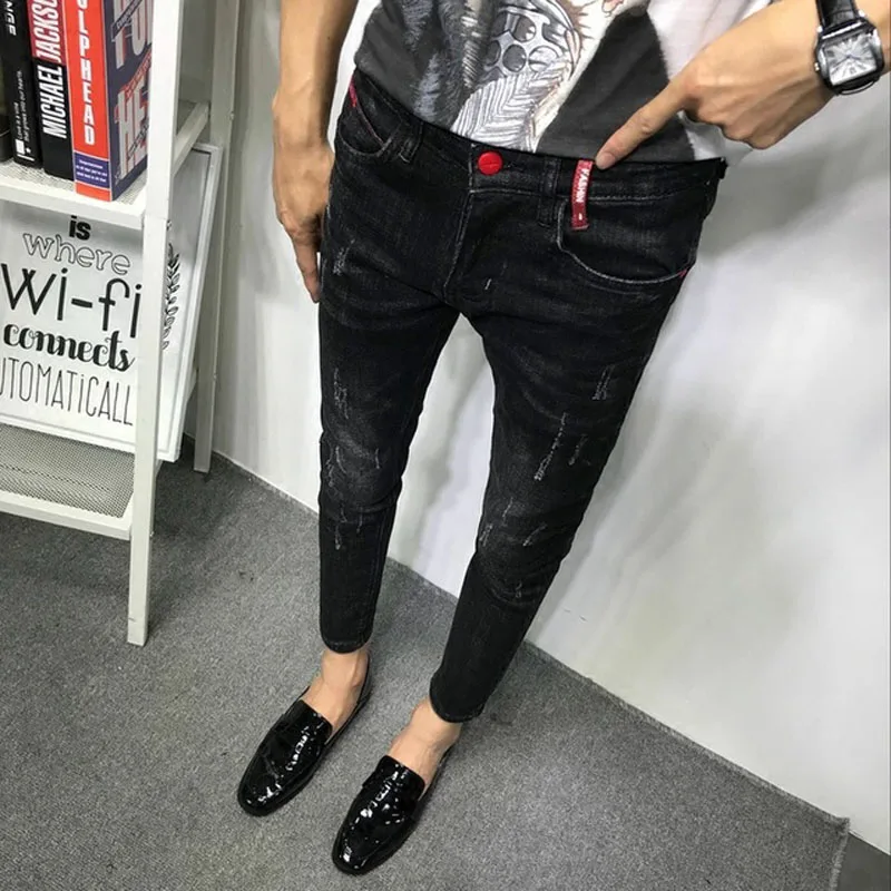 

Wholesale 2022 Fashion Social Jeans Men's Feet Tight-fitting Holes Social Guy Pants Ankle Length Pants Men's Beggar Pencil Pants