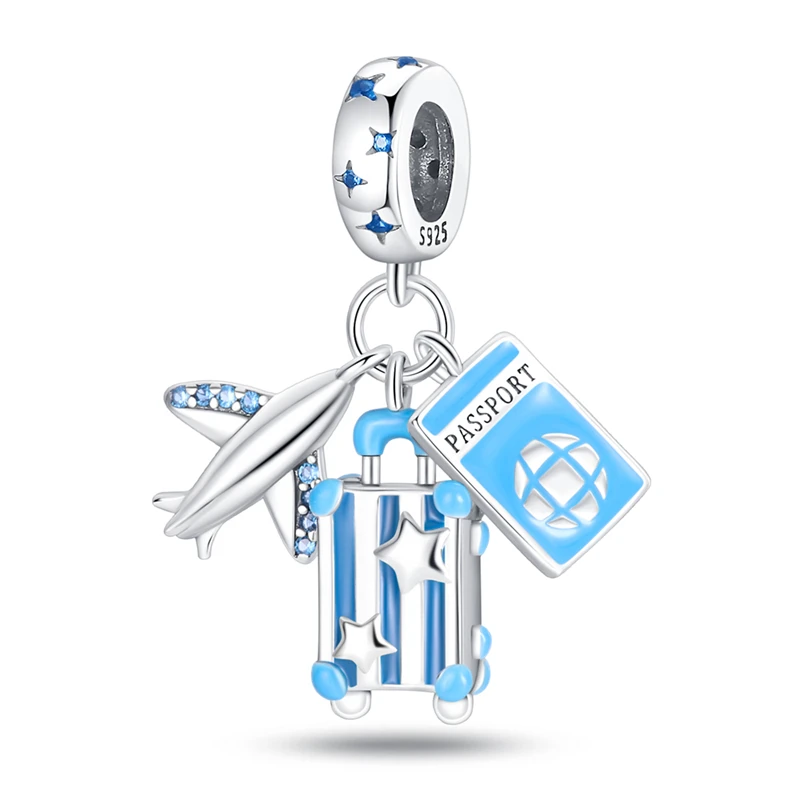 

New in 925 Sterling Silver Bracelet Luggage Pendant Sterling Charm Blue Silver Gift Diy Original Aircraft Fits Bead Pandora 2023