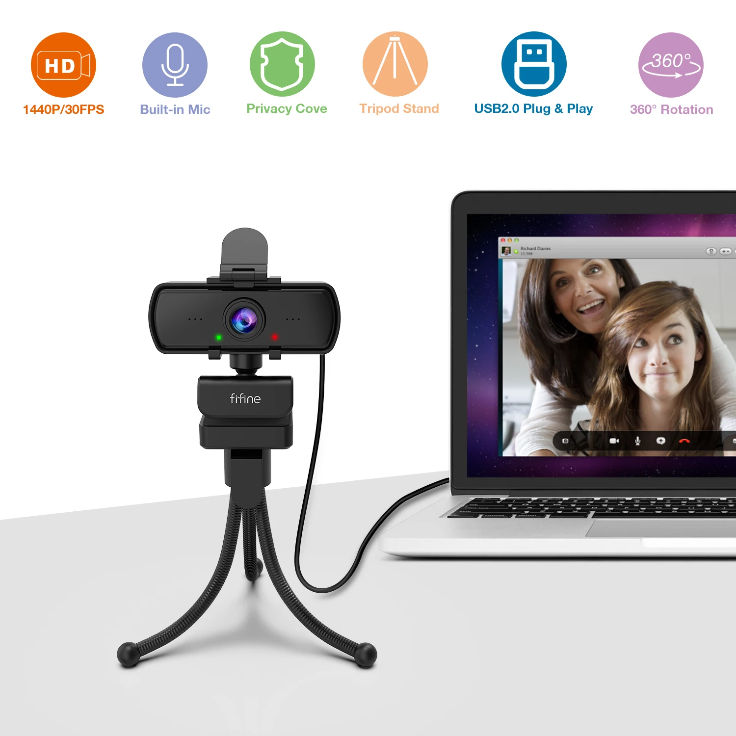 Веб-камера FIFINE 1440p Full HD для ПК с микрофоном штативом настольного компьютера и