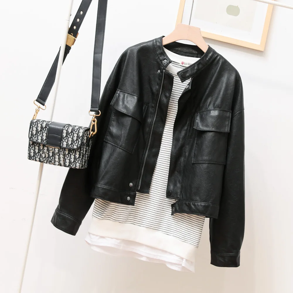 2023 autumn new stand-up collar short PU leather loose version of Haining leather jacket foreign style thin ladies tide coat