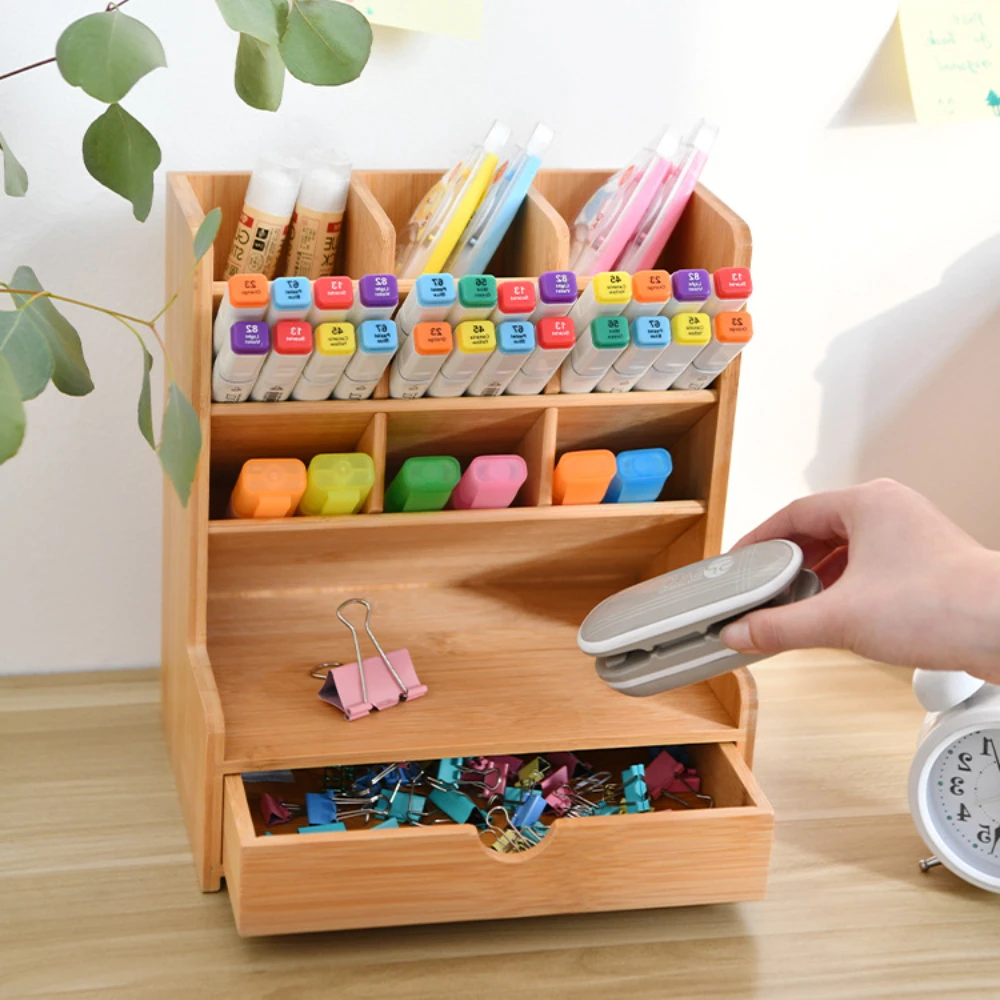 

Simple Natural Bamboo Multifunctional Grid Storage Pen Container Desktop Storage Box Oblique Plug-in Pen Holder Rack Rotatable