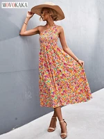 movokaka woman summer holiday sexy inclined shoulder long dress casual beach elegant party slim vestidos folds printing dresses