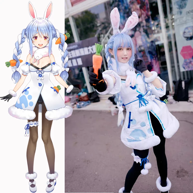 

Костюмы для косплея VTuber Usada Beijing Ora, головы, фэнтези, кролик, девочка, платье с кроличьим хвостом и ушками, головной убор, Хэллоуин, полный комп...