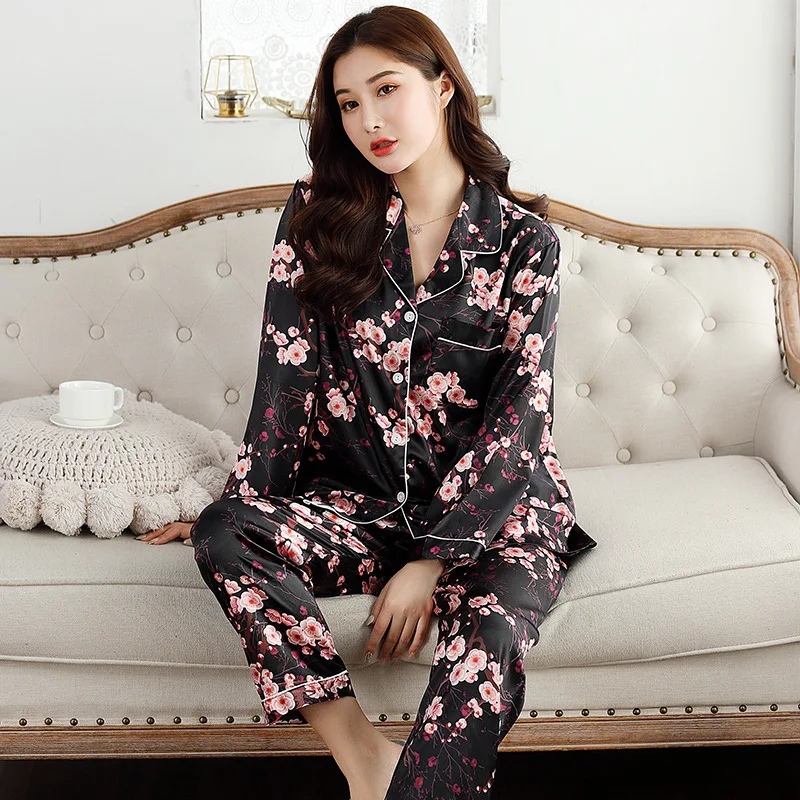 Pajamas Women's Spring and Autumn Long-sleeved Suit  Silk Two-piece Large Size Loose Casual Home Service Loungewear Women