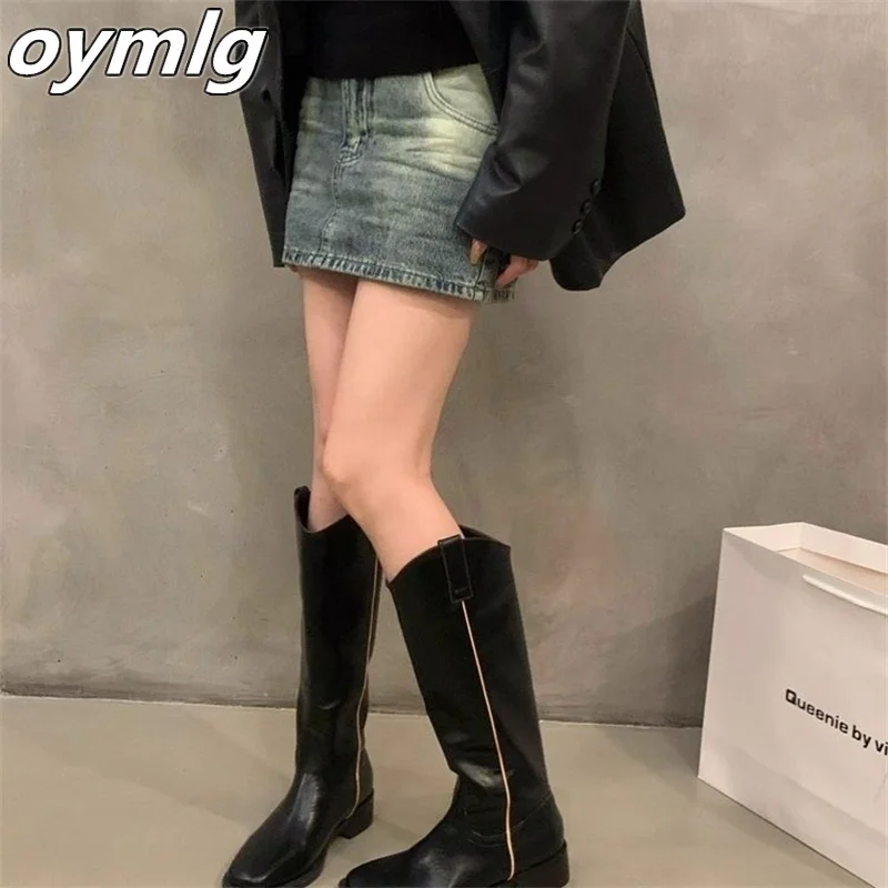 

Thick Heel Western Denim Mid Sleeve Knight Boots Women's Shoes 2023 New Autumn/Winter V-Neck Slim Retro Long Boots