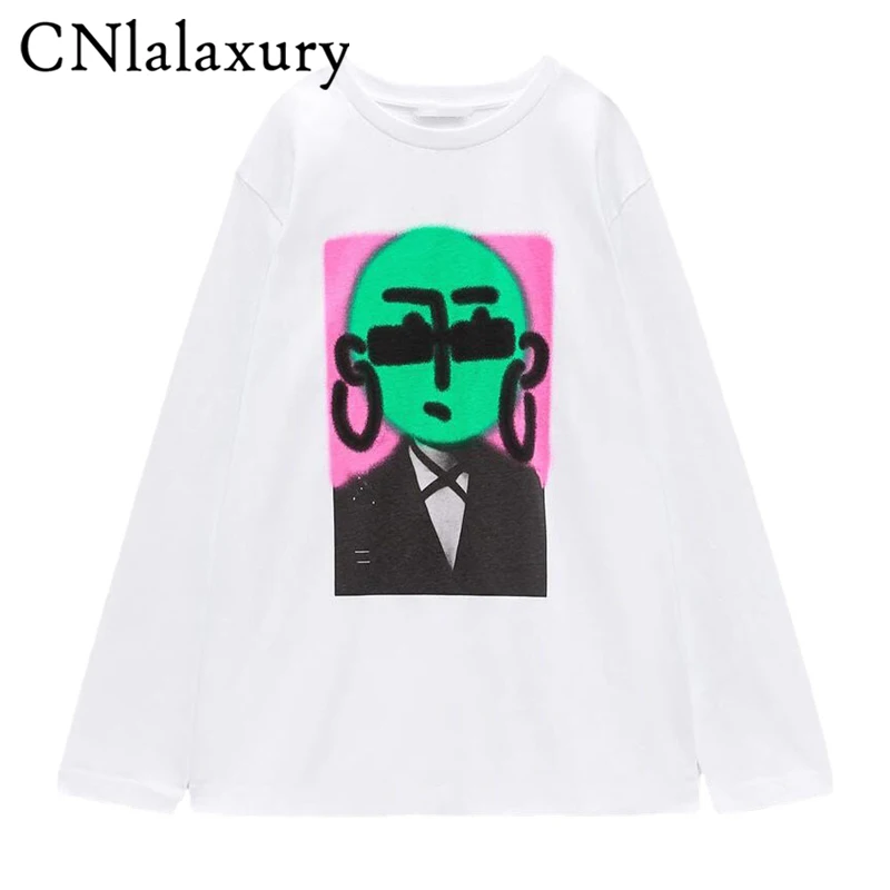 

CNlalaxury New 2022 Women Long Sleeve Print Tshirts Female Whiter White Cotton Tees Lady Soft Basic Tops for Spring Summer