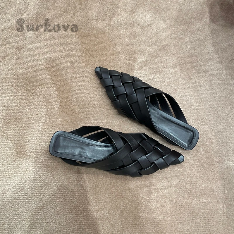 Concise Pointed Toe Woven Pumps Solid Black Flat with Slip-On Sandals and Slippers Women's Summer Mules Shoes New Half Slippers