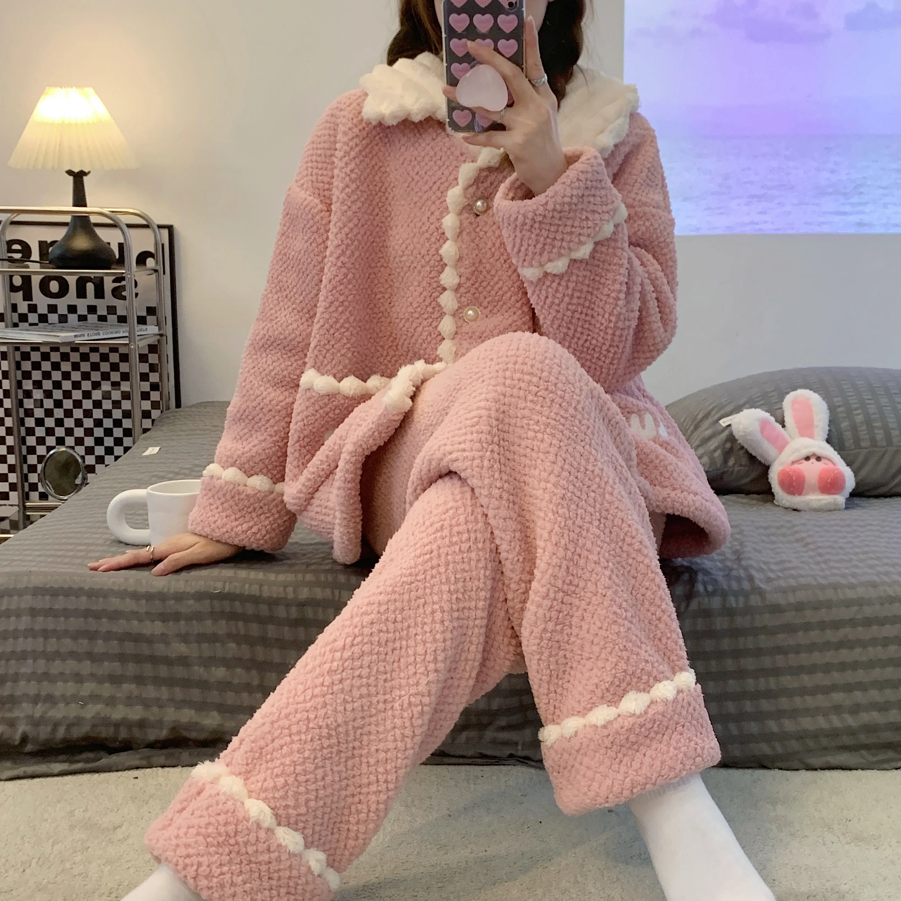 Winter Women Thicken Pajamas Suit Cute Solid Color Warm Sleep Wear Pink Clothes Set