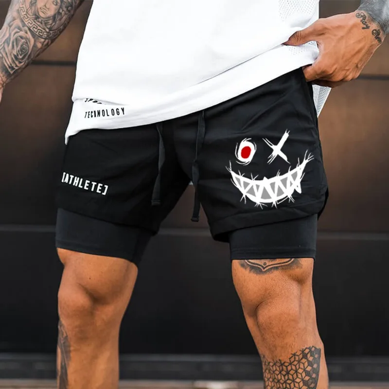 

European American Men's Shorts Smiling Face Printed Casual Pants Sports Fitness Performance Pants Beachwear Basketball Shorts