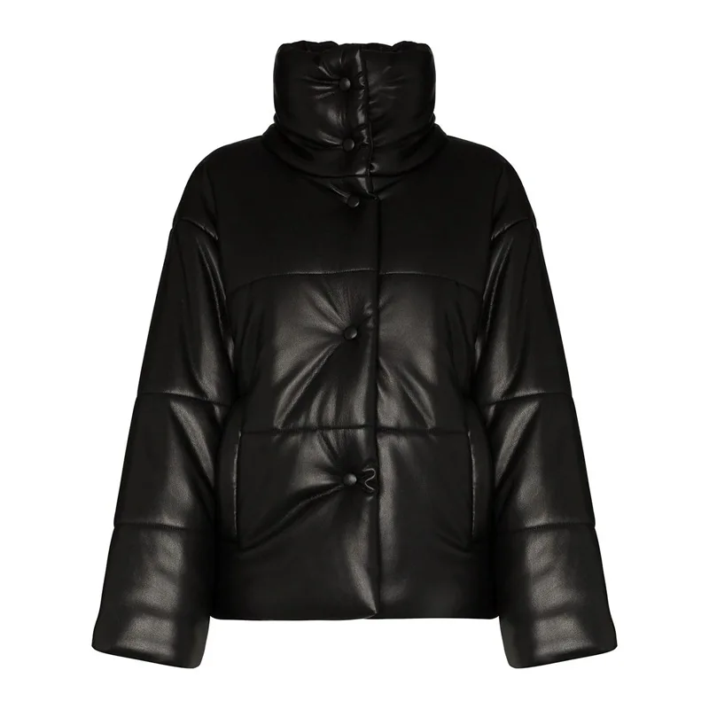 Women's Solid Color Simple Coat New High Collar Loose Casual Thickened Jacket Women's Imitation Leather Coat Office Parka Warm