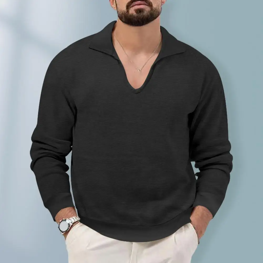 

Пуловер с Вафельной текстурой, футболка, стильный мужской пуловер с отложным воротником и V-образным вырезом, облегающая футболка с длинным рукавом и вафельной текстурой для осени и зимы