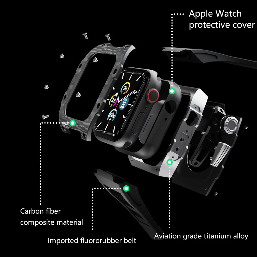 Carbon Fiber Case for Apple Watch 7 44mm 45mm Fluorine Rubber Strap Titanium Alloy Set Frame Bezel Mod Kit for IWatch7 6 5 4 SE