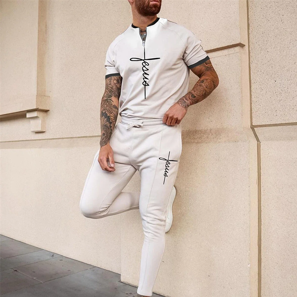 New Men's Trousers Casual Sports Suit summer Trend Short Sleeve T-shirt + Tooling Trousers Sports Fashion Men's Clothing Suit