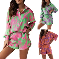 women%e2%80%99s 2pcs loose tropical print long sleeve button down shirt shorts outfits summer ladies fashion clothes set for holiday