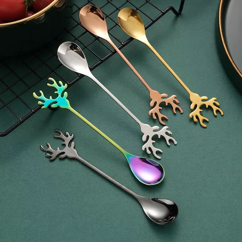 

Head Shape 304 Stainless Steel Stirring Spoon Romantic Christmas Elk Coffee Dessert Spoon Exquisite Tableware Party Gift