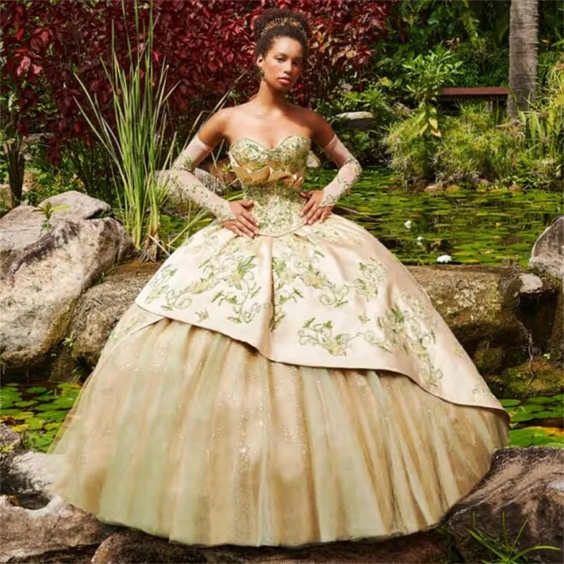 

Champagne Charro Quinceanera Dresses Ball Gown Sweetheart Tulle Appliques Beaded Puffy Mexican Sweet 16 Dresses 15 Anos