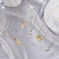 music note guitar pendant necklace for women men stainless steel gold color microphone accordion neck chain jewelry gift
