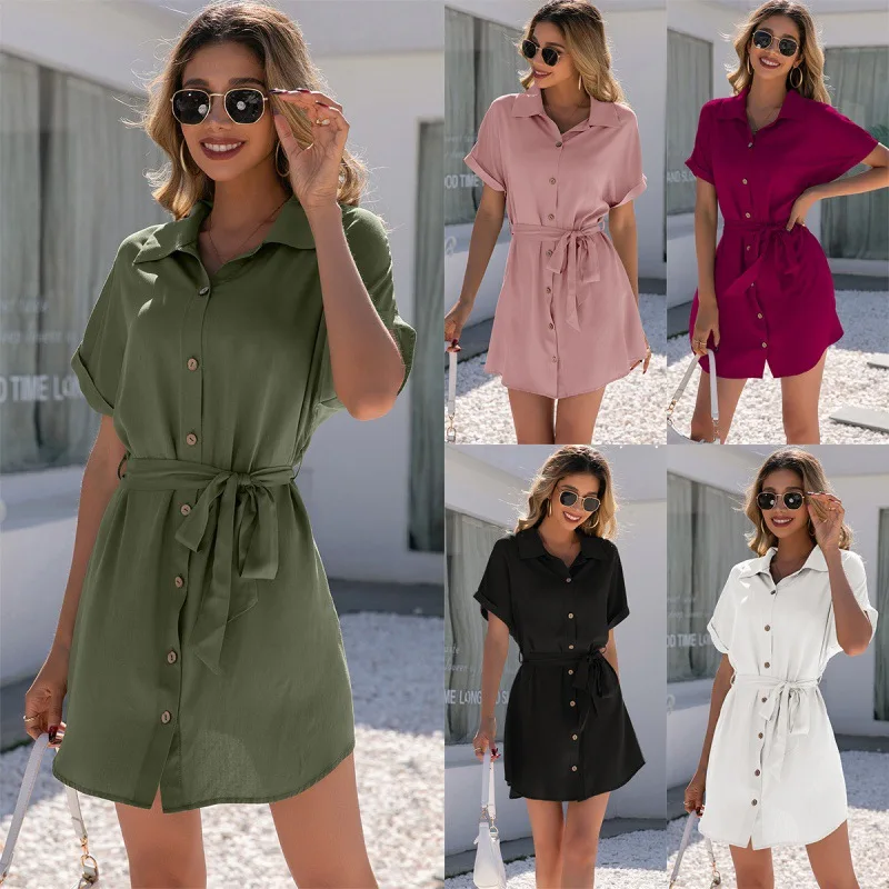 

Casual Loose Single Breasted Shirt Dress Lapel Belt Short Sleeve Shirt Top Women