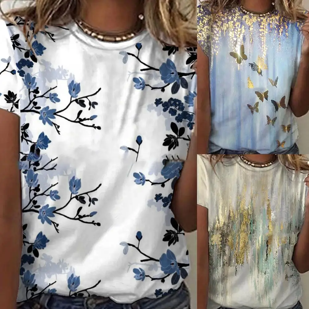 

Женские летние футболки, модная футболка с цветочным принтом в стиле Харадзюку, женская одежда, Новые Топы с коротким рукавом и круглым вырезом