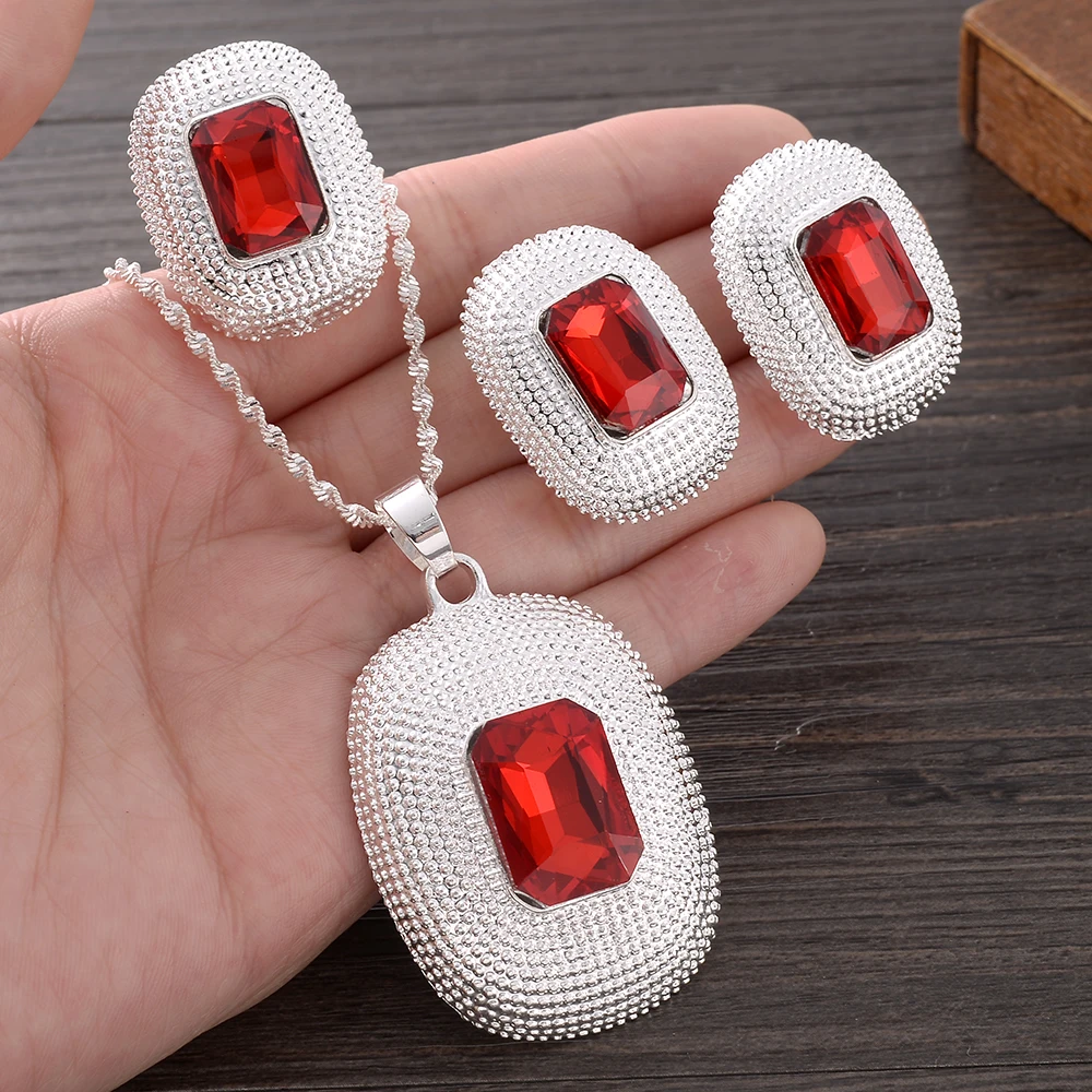 

Silver Plated Fashion Ethiopian Big Size Earrings/Pendant/Ring Jewelry Sets Red/Blue/Green CZ Africa Bride Wedding Eritrea Gifts