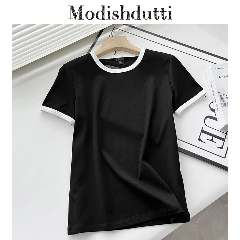 

Modishdutti 2023 Высококачественная весенне-летняя женская модная футболка с круглым вырезом и коротким рукавом женские повседневные однотонные простые футболки топы