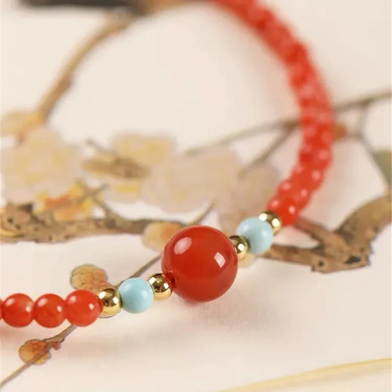 Женские браслеты с бусинами AngLang тонкие из натурального красного агата и бирюзы 3