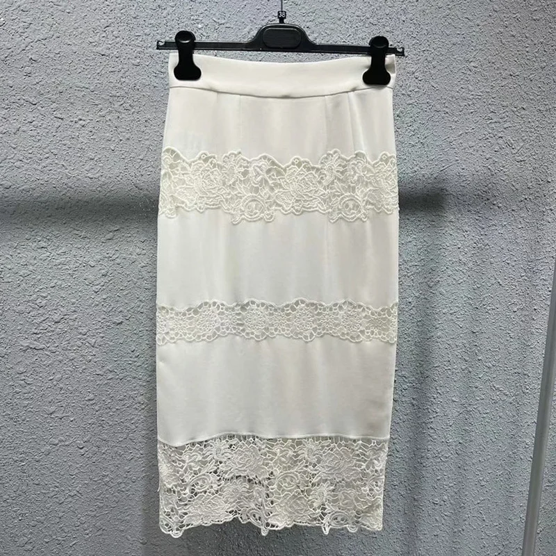 

High Quality Women's Skirts Fashion Runway Acetate Heavy Industry Hollow Lace Patchwork White Skirt Midi Versatile Fashion 2022