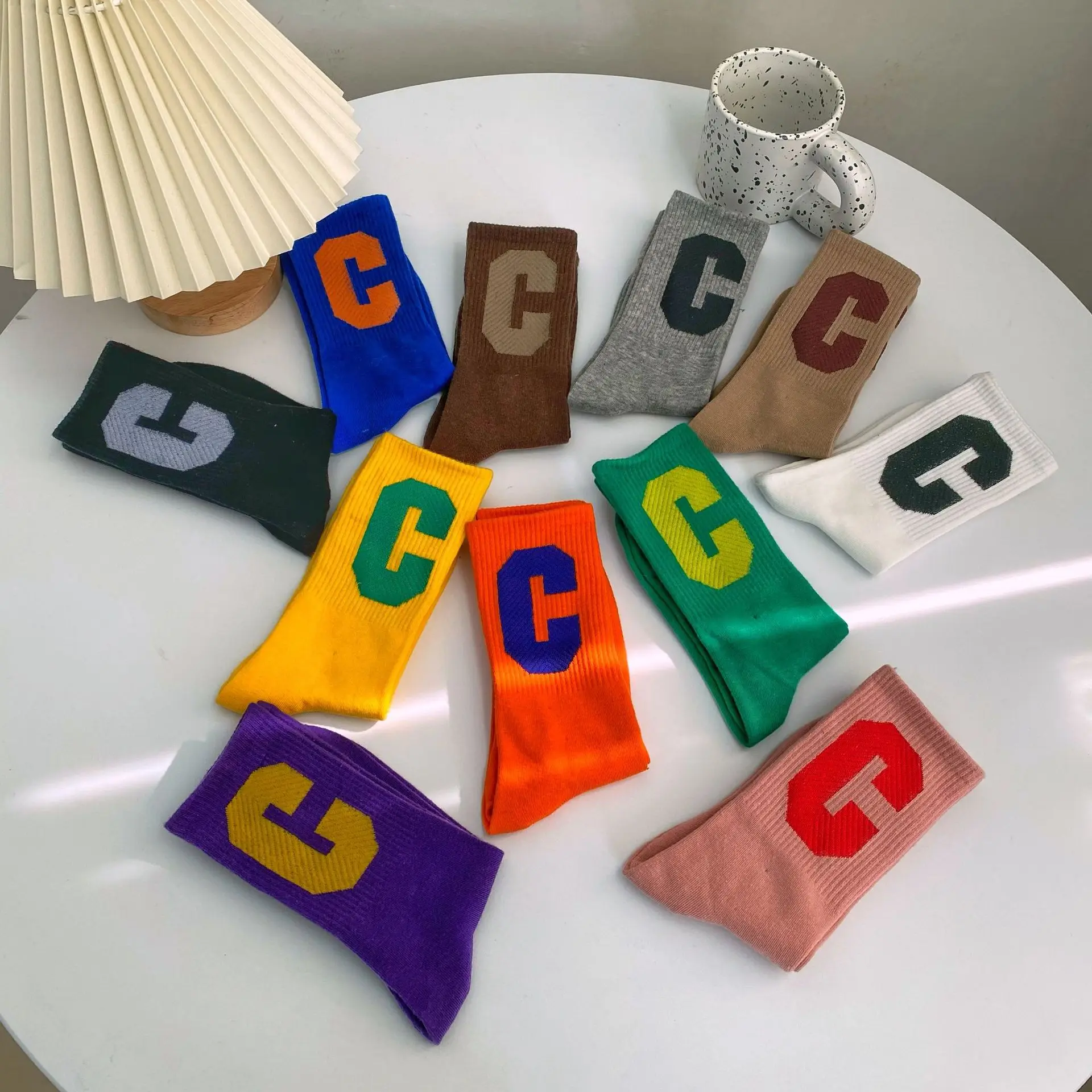 Fashion Letter C Sport Style Socks Female Casual Solid Color Black White Socks Set 5 Pairs  New Colorful Mid-Tube Socks Women