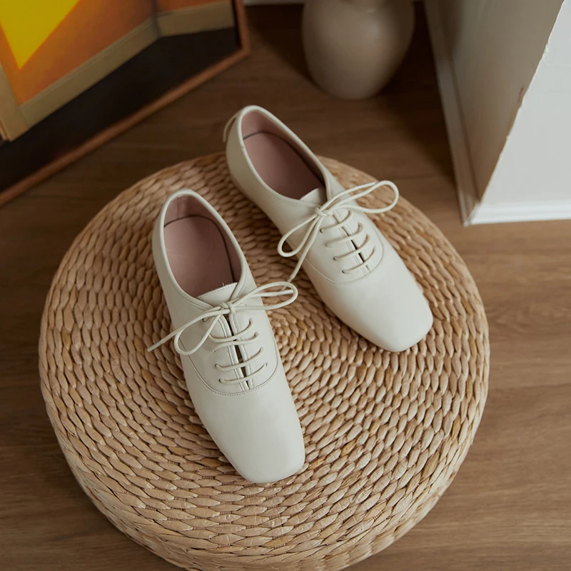 Women's shoes of spring and autumn cowhide simple square head cross binding low heel cow tendon soles women's shoes