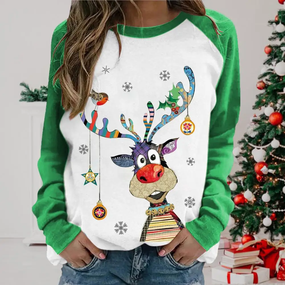 Купи 2022 Christmas T Shirt Loose Long Raglan Sleeve Crew Neck Pullover Contrast Color Stitching Elk Printing Women Top Tee Shirt за 274 рублей в магазине AliExpress