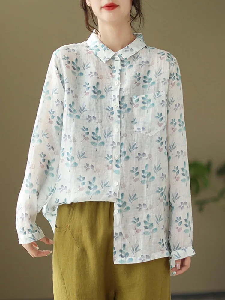 

Women Casual Shirts New Arrival 2023 Spring Vintage Style Print All-match Loose Cotton Linen Female Long Sleeve Tops B2256