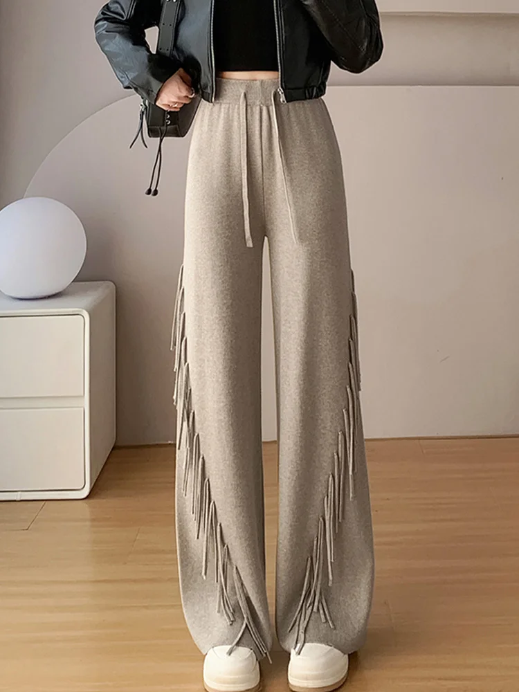 

Повседневные и персонализированные Трикотажные Широкие брюки с бахромой и высокой талией, осень 2023, Новая модная женская одежда