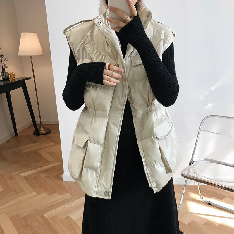 2022 Winter Warm Down Coat Women Fashion Shiny Vest Zipper Pocket Vest Coat Sleeveless Cotton Parkas Women Femme Tops Streetwear