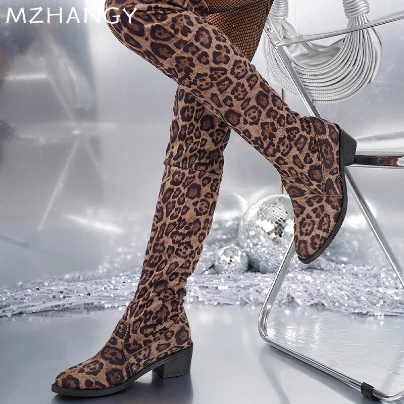 Женские замшевые высокие сапоги с леопардовым принтом женские туфли выше колена