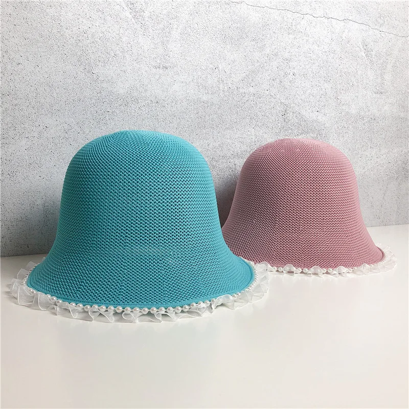 

Fashion Mesh Bucket Hat Spring Summer Hats Pearl Fisherman Cap Japanese Bell Knit Beret Women Fisherman Caps Sun Panama Hats