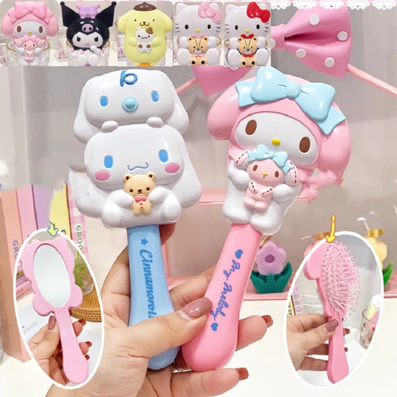 

My Melody Kawaii Anime Figure Cinnamoroll Kuromi Cartoon Styling Handheld Makeup Mirror Cute Massage Comb Kids Girls Gift Toys