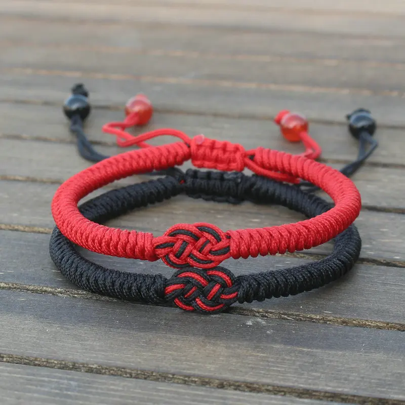 

12pcs Hand Woven Double Coin Knot King Kong Knots Red Black Lucky Bracelet Couple Friendship Bangle Lover Gift