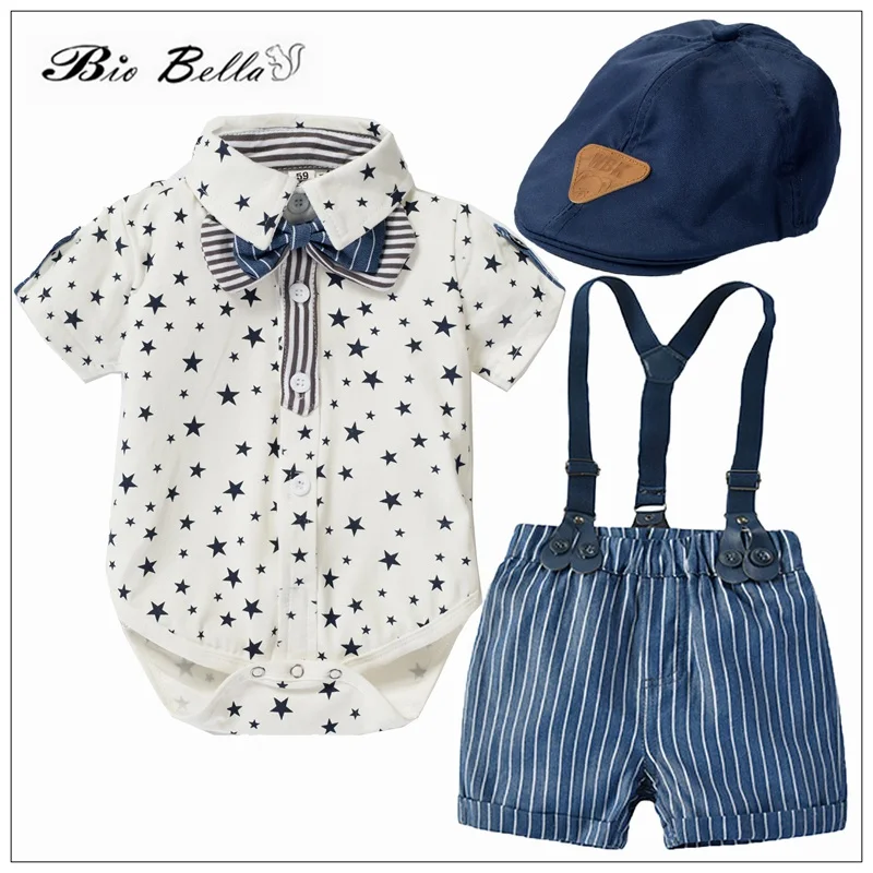 

Children Boys Summer Clothing Suit Formal 100% Cotton Star Gentlemen Clothing Cap+Belt Pants+Romper Boys 2022 summer Outfits Set