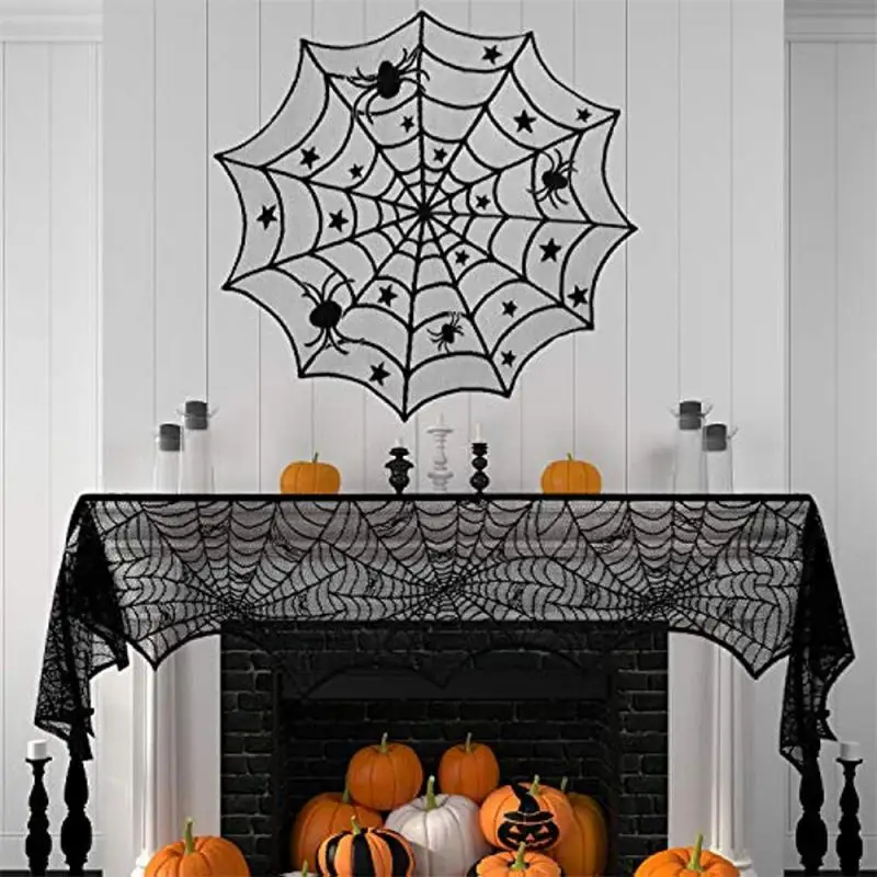 

Fireplace Cloth Decorative Black Lace Web Design Year-round Use Atmosphere Halloween Bat Print Curtains Round Tablecloth Grace