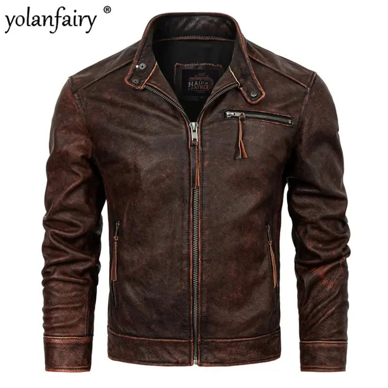 

Мужская винтажная мотоциклетная куртка из натуральной воловьей кожи, с воротником-стойкой