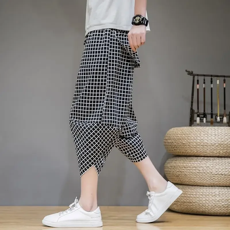 Trendy Plaid Casual Men's Pants Chinese Style Summer Shorts Wide Leg Vegetable For Men