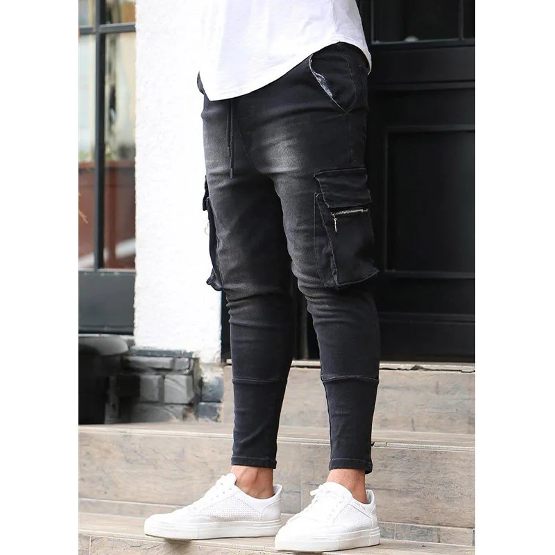 Men's Jeans Blue Stretch Multi-Pocket Zippers Denim Trousers Slim Fit Fashion Casual Pants Black Cargo Jeans Men