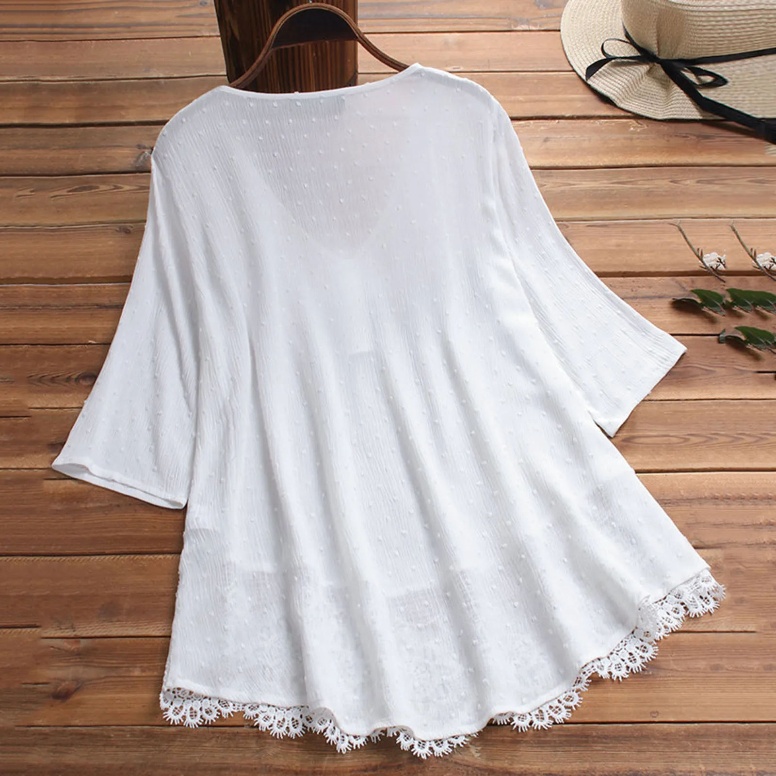 

2023 New Lace White Shirts Vintage Top Women's Spring Summer Solid Color Cotton Shirts and Blouses Elegant Leisure V Neck Blusas