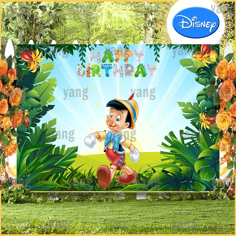 Disney Cartoon Lovely Blue Bow Pinocchio Happy Birthday Party Decoration Baby Shower Outdoor Forest Backdrop Background Banner