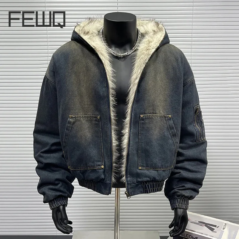 Мужская джинсовая куртка FEWQ с хлопковым шерстяным воротником