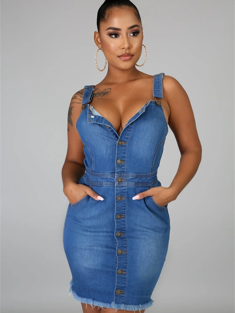 

Streetwear Spaghetti Strap Denim Dress Women Summer Clothing Button Up Bodycon Mini Dresses Fashion Vintage Jean Dress Vestidos
