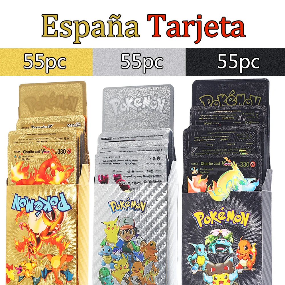 

55 pieces of Pokemon Metal Gold Card Box Golden Letter Spanish Playing Cards Metalicas Charizard Vmax Gx Series Game Card Box