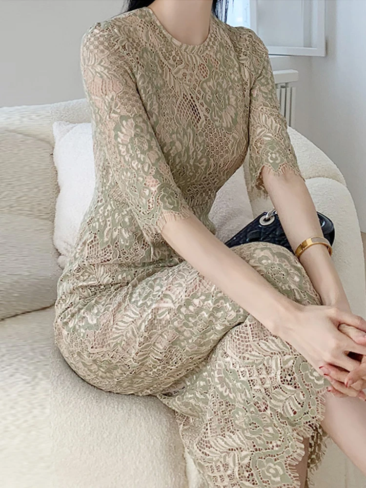 

High Quality Water-soluble Hollow Out Mid Length Lace Dress Women 2023 Spring Summer Slim Fitting Elegant Ladies Office OL Dress