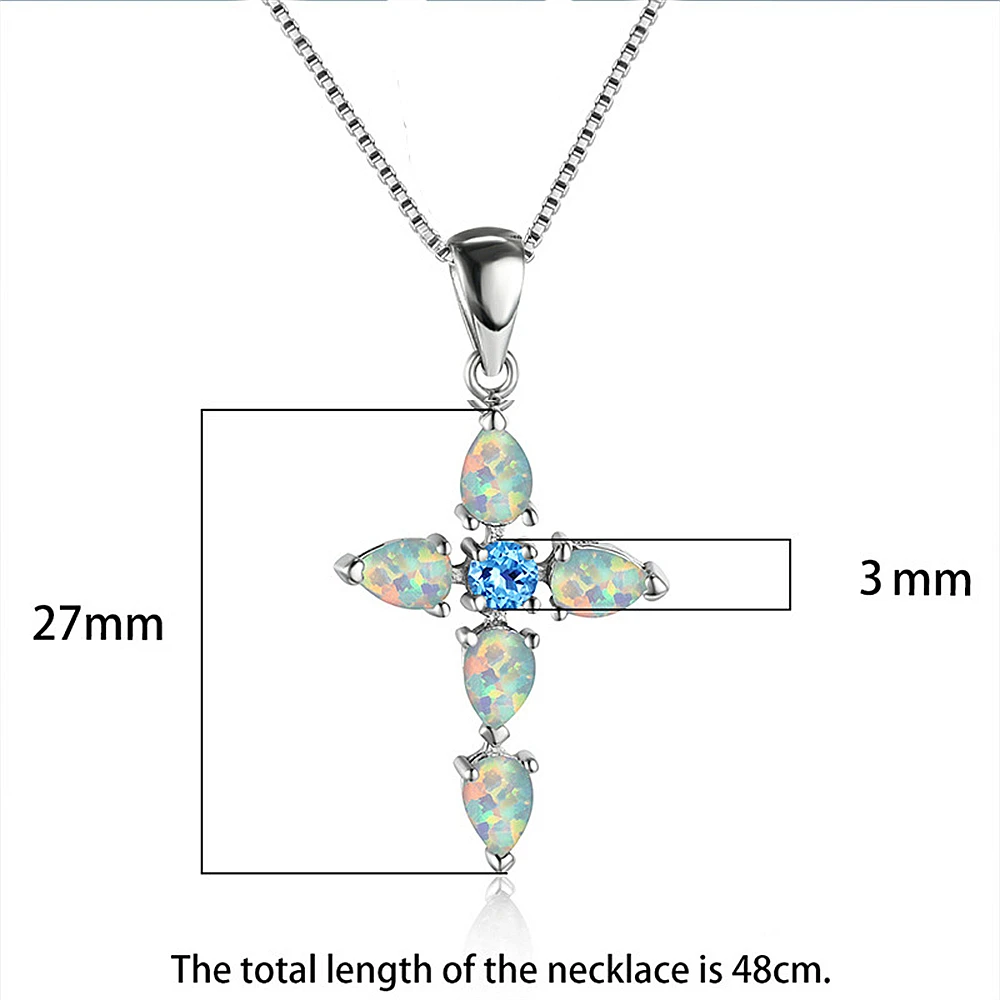 Luxury Women Birthstone Cross Necklace Dainty Blue Opal Pendant Necklace Religious Jewelry Birthday Gifts For Mom images - 6